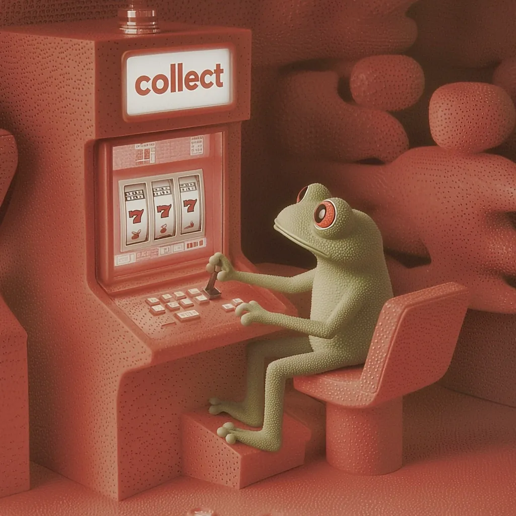 A stylized 3D rendering shows a green frog sitting at a terracotta-colored slot machine. The machine displays three sevens, and the word "collect" is prominently displayed. The frog appears to be operating the machine, suggesting a whimsical take on gambling or reward collection. The overall aesthetic is muted and slightly surreal.
