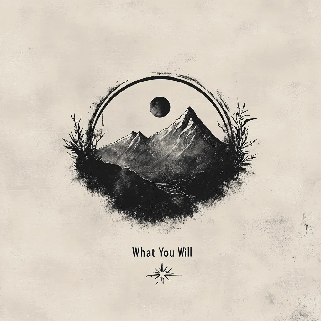 A monochromatic illustration features a circular frame encompassing a mountainous landscape under a full moon.  The style is reminiscent of a charcoal sketch, with textured shading creating depth and atmosphere.  Simple plant forms flank the circle. Below, the title "What You Will" is inscribed, accompanied by a small compass rose symbol. The overall aesthetic is serene yet slightly melancholic.