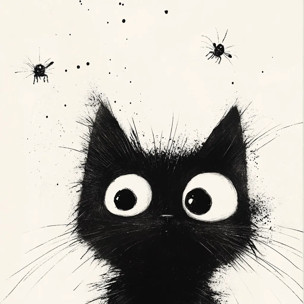 A whimsical black cat with large, expressive eyes is the focal point of this illustration.  Its fur is depicted with spiky, textured strokes, giving it a slightly mischievous appearance.  Two small, stylized insects float above the cat's head, adding to the playful and slightly surreal atmosphere of the artwork. The overall style is simple yet captivating, using black ink against a white background.