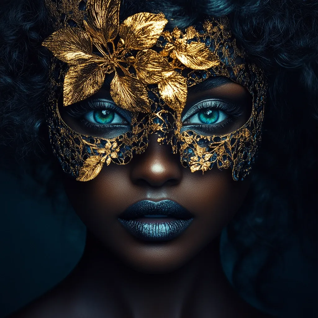 A close-up portrait of a Black woman with dark, curly hair.  She wears an ornate, dark lace mask adorned with gold leaf detailing. Her eyes, accentuated with makeup, are visible through the mask.  The overall tone is dramatic and moody, with deep blues and golds contrasting against her dark skin. The image evokes a sense of mystery and elegance.