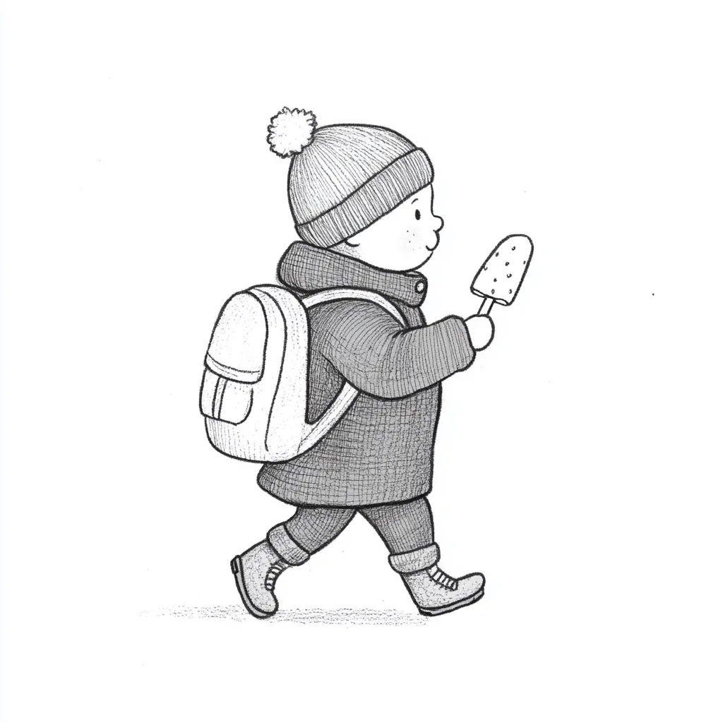 A charming ink sketch depicts a young child, bundled in a winter hat and coat, strolling with a backpack and a popsicle. The child's joyful expression and the detailed shading create a warm, inviting scene.  The simple lines and crosshatching emphasize the child's carefree walk, suggesting a pleasant day out.
