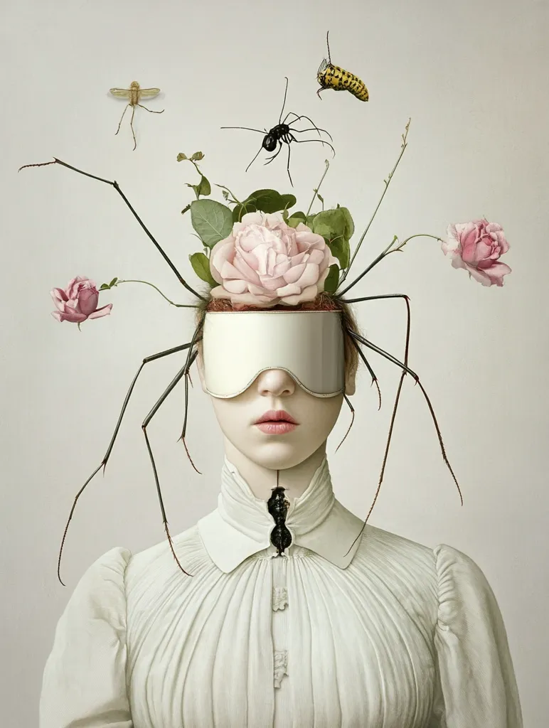 A surreal portrait of a woman wearing a white blindfold adorned with long, spindly branches and insects.  Pink roses and other flora sprout from her head, creating a delicate yet unsettling contrast with the dark insects.  The overall style is dreamlike and evokes a sense of mystery. The pale color palette emphasizes the ethereal quality of the image.