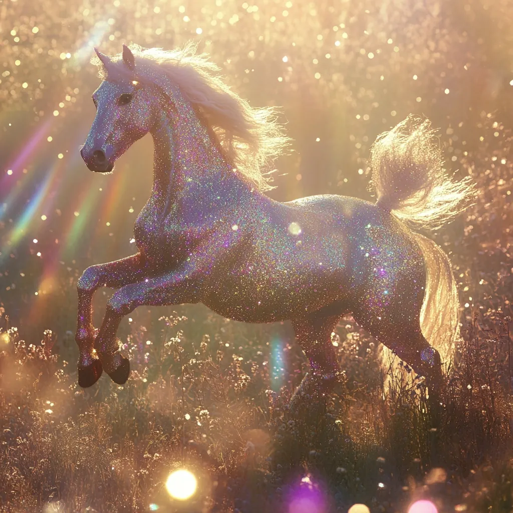 A majestic, glitter-covered horse leaps through a sun-drenched field.  Its long, flowing mane and tail shimmer, catching the golden light.  Rainbow-like flares add to the magical, ethereal atmosphere.  The horse appears to be in mid-stride, its hooves barely touching the tall grass.  The overall scene is one of fantasy and wonder.