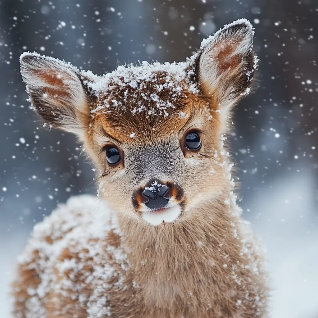 A close-up shot of a young deer fawn, its fur dusted with snowflakes.  Large, expressive eyes gaze directly at the camera.  The background is blurred, showing a snowy winter scene with falling snow. The fawn's coat is a blend of brown and tan, and its nose is delicately touched with snow. The overall image evokes feelings of innocence and the beauty of winter.