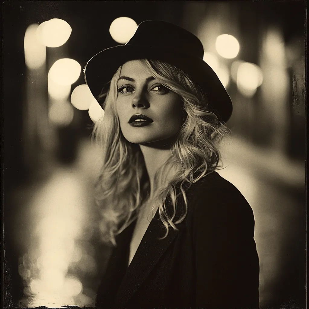 A monochrome portrait captures a young woman with blonde, wavy hair, wearing a fedora.  The backdrop is a softly blurred city street at night, illuminated by warm, glowing lights.  Her expression is serious and captivating, creating a vintage, film noir aesthetic. The image possesses a nostalgic, romantic quality.