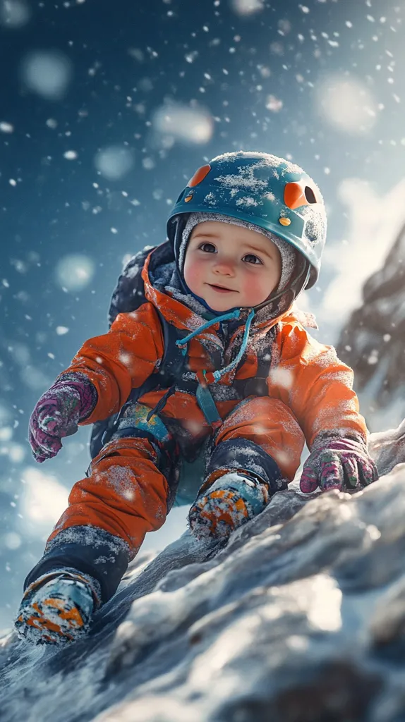 A cute toddler, bundled in an orange snowsuit and climbing helmet, navigates a snowy, icy incline.  Snowflakes fall around the child, who is equipped with a small backpack and climbing gear. The child's rosy cheeks and bright eyes show a determination beyond their years as they grip the icy surface.  The scene is one of adventurous childhood and the beauty of a winter wonderland.