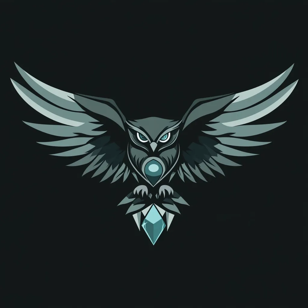 A stylized owl with outstretched wings is depicted against a black background. The owl's plumage is rendered in shades of gray and teal, with striking teal eyes. It holds a glowing teal crystal, creating a powerful and mystical image.  The design is sharp and graphic, suitable for a logo or emblem.