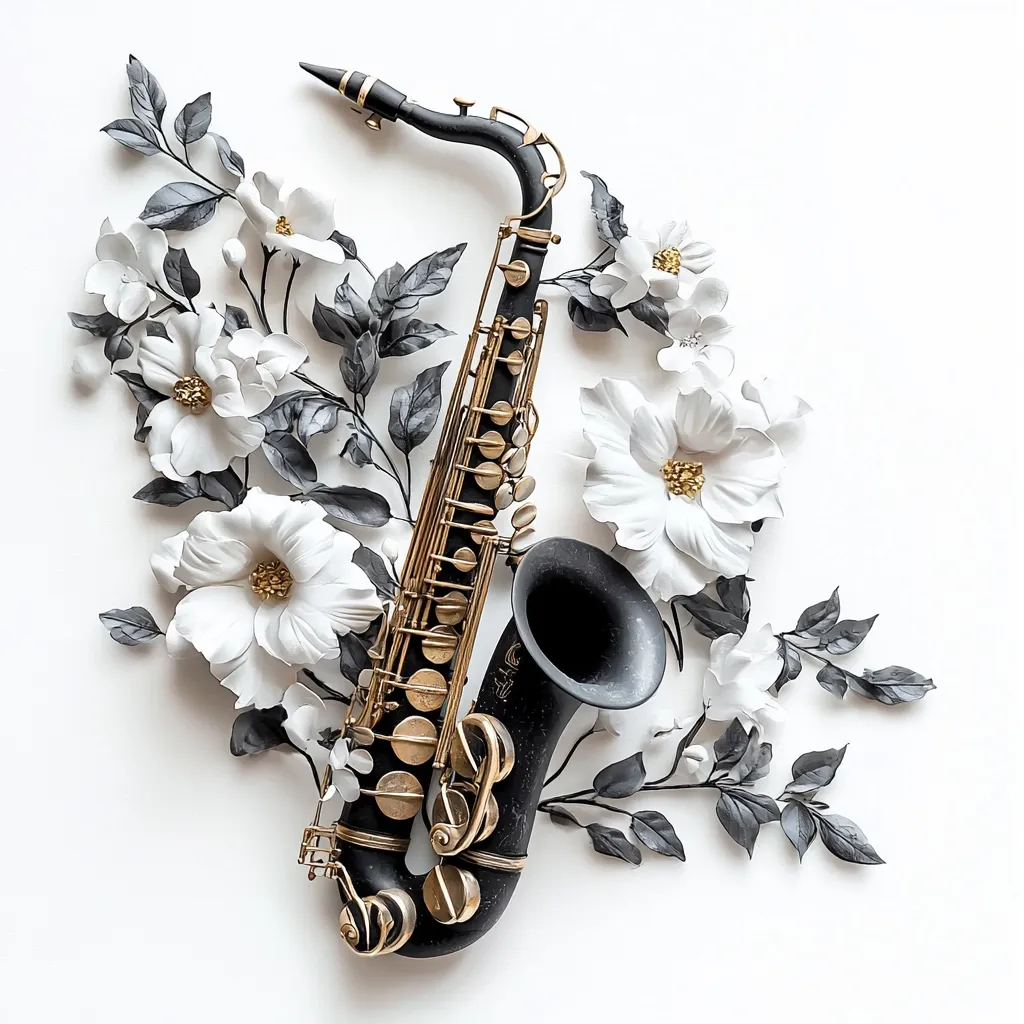 A black saxophone with gold keys rests on a white background adorned with gray-leafed branches and large, white paper flowers.  The arrangement creates a striking contrast between the sleek instrument and the delicate blossoms, suggesting a theme of elegance and artistic expression. The overall aesthetic is sophisticated and visually appealing.