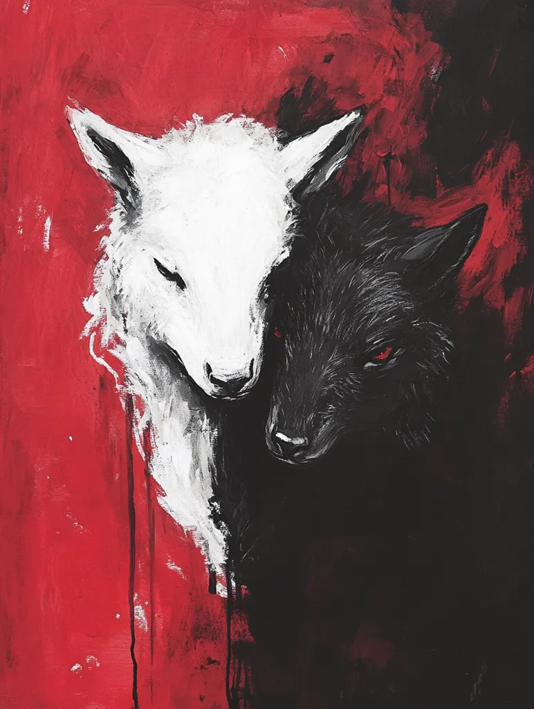 A striking painting depicts a white lamb and a black wolf, their heads juxtaposed against a vibrant red background.  The contrasting colors and textures symbolize duality, perhaps innocence versus darkness or vulnerability and aggression. The expressive eyes of the wolf add intensity, while the lamb's serene demeanor offers a counterpoint. The style is bold and expressive, with visible brushstrokes adding to the artwork's raw emotion.