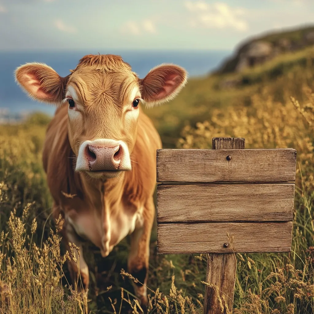 A light brown cow stands in a tall grass field, gazing directly at the camera.  A rustic wooden sign with three horizontal planks is positioned behind the cow, providing a blank space for text or an image. The background features a blurred coastal landscape under a partly cloudy sky. The overall tone is peaceful and idyllic, evoking a rural farm setting.