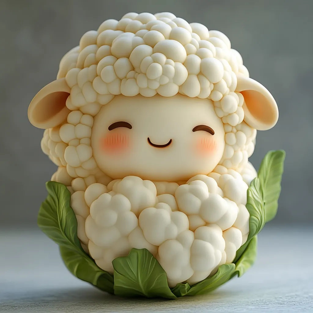 An adorable clay sculpture depicts a lamb nestled within a cauliflower.  The lamb's fluffy white wool is realistically textured, contrasting with its sweet, smiling face.  Green leaves surround the base of the cauliflower, adding a touch of nature to the charming, whimsical creation.  The overall effect is cute and endearing.