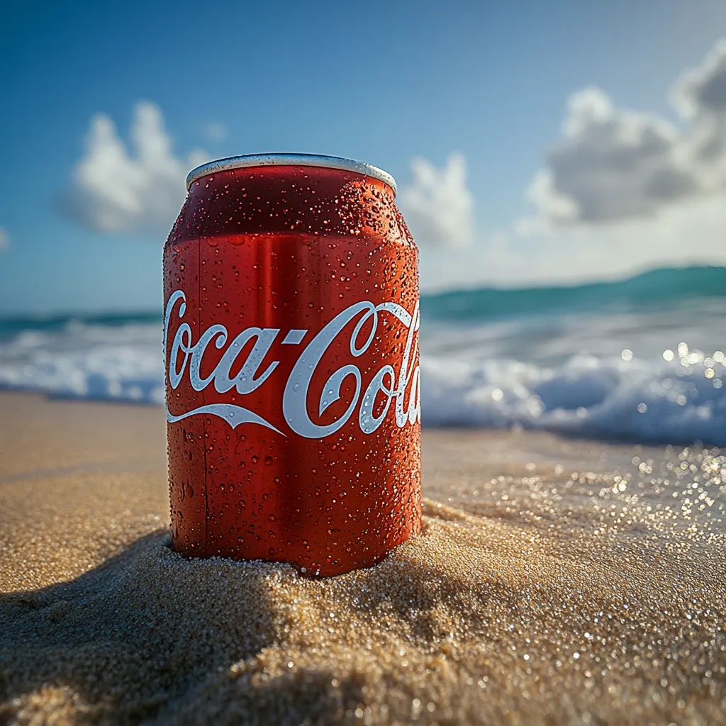 A Coca-Cola can, glistening with condensation, sits partially buried in warm, golden sand on a beach.  Gentle waves lap at the shoreline under a bright, sunny sky.  The scene evokes feelings of relaxation and summer refreshment.  The iconic Coca-Cola logo is prominently displayed on the can.