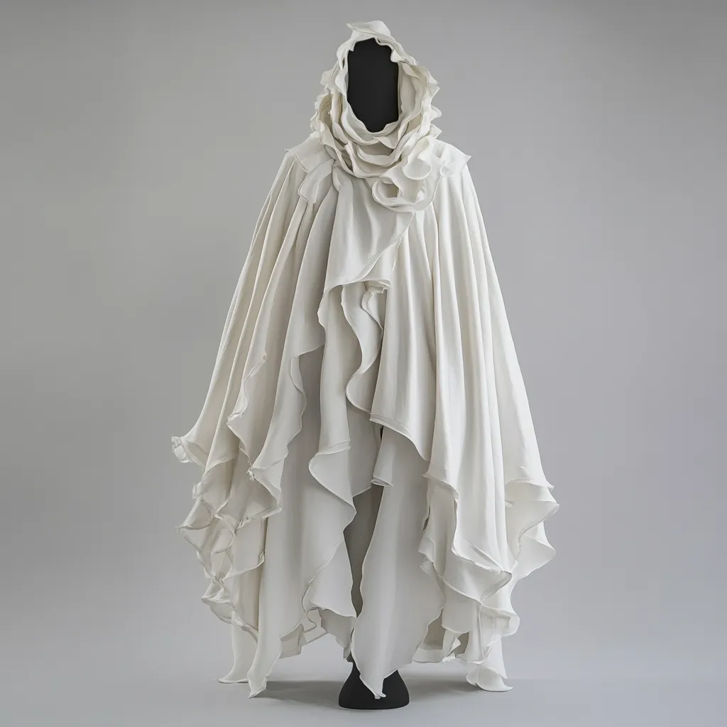 A floor-length off-white cape with a dramatic, layered design is displayed on a mannequin.  The cape features a hooded neckline with ruffled detailing, and the fabric is draped in cascading, asymmetrical ruffles that create a flowing, sculptural silhouette. The overall aesthetic is minimalist and elegant, emphasizing texture and form.