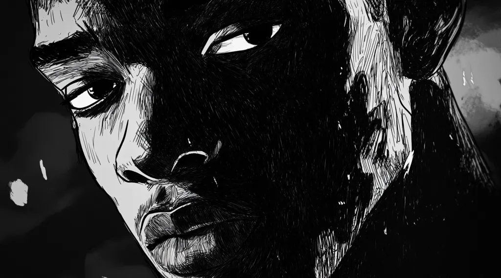 A dramatic black and white illustration depicts a young man's face, partially obscured by shadow.  His intense gaze and furrowed brow convey a sense of seriousness or contemplation.  The style is reminiscent of graphic novels or comic books, with heavy use of hatching and cross-hatching to create texture and depth. The background is dark and moody, adding to the overall somber atmosphere.