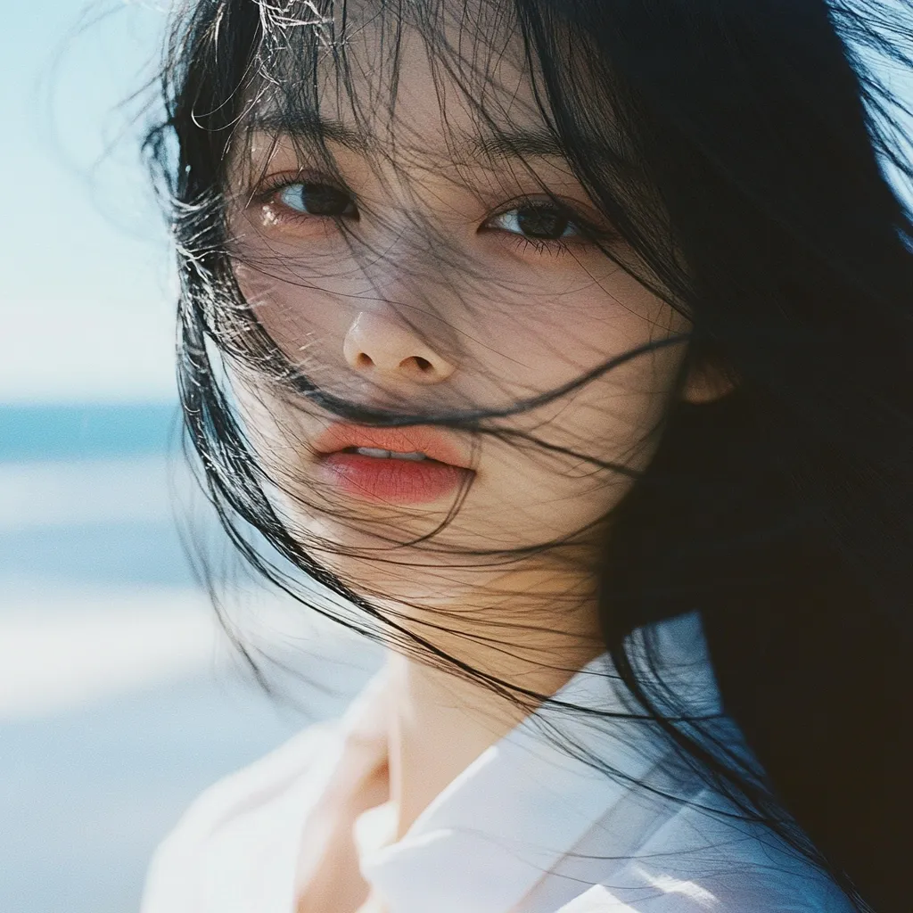 Close-up portrait of a young woman with long, dark hair blowing in the wind.  She's wearing a white collared shirt and her expression is serene.  The background is blurred, suggesting a beach setting. The image has a soft, dreamy quality, emphasizing the subject's delicate features and the movement of her hair.