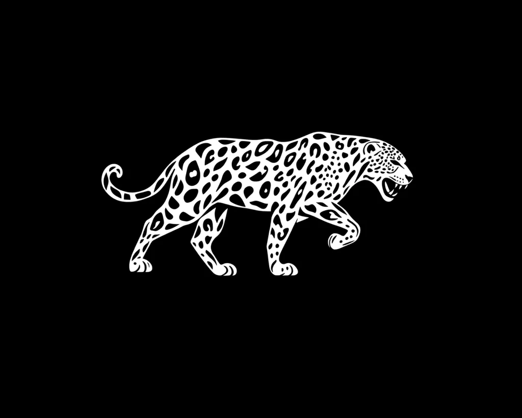 A stylized white jaguar is depicted against a black background. The jaguar is shown in profile, walking, with its spots clearly defined.  The image is a graphic representation, possibly a logo or design element, emphasizing the jaguar's powerful stance and spotted coat. The contrast between the white animal and the black background is stark and visually striking.