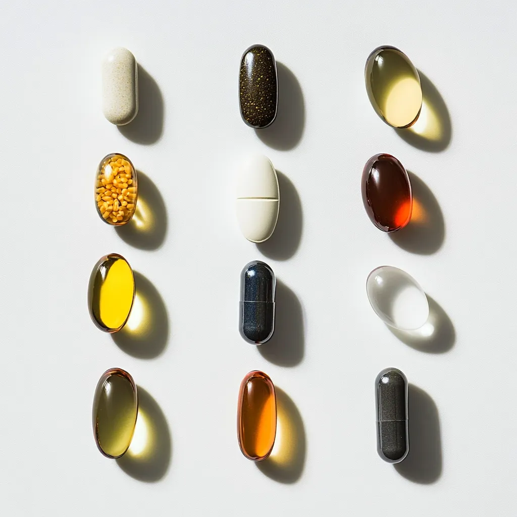 Twelve capsules and tablets are arranged in a grid pattern on a white background.  The pills are various colors and shapes, including translucent yellow, amber, dark-colored, and white.  Some capsules are filled with visible granular material. The image is brightly lit, casting subtle shadows.
