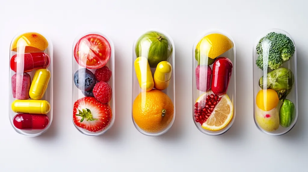 Five transparent capsules are filled with various colorful fruits, vegetables, and supplement pills.  Each capsule represents a different category of nutrients, showcasing a healthy and balanced diet.  The vibrant colors of the ingredients are striking against the white background, emphasizing the importance of a diverse intake of vitamins and minerals.  The image visually communicates the concept of healthy eating and supplementation.