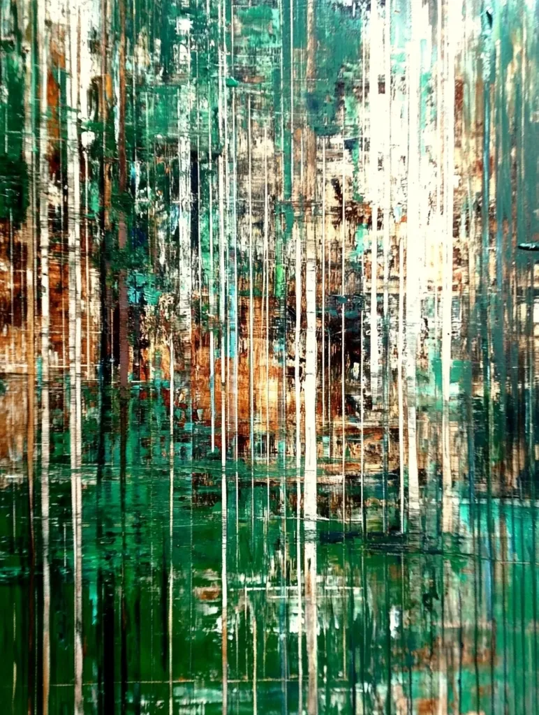 An abstract painting dominated by vertical strokes of deep greens, creamy whites, and earthy browns.  The texture is heavily layered, creating a sense of depth and movement.  The colors blend and overlap, suggesting a forest or a dense, vertical landscape. The style is expressive and impasto, with visible brushstrokes adding to the overall dynamism of the piece.