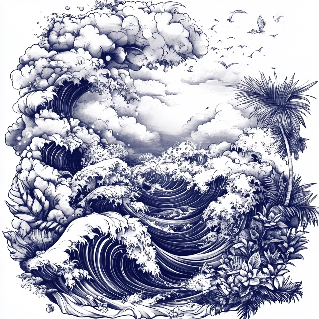 A dramatic indigo-blue ink drawing depicts a turbulent ocean scene.  Massive waves crash against a tropical shoreline, adorned with lush palm trees and flowering plants.  Birds fly above the chaotic waters, suggesting a powerful, yet serene, natural spectacle. The detailed rendering creates a strong contrast between the force of the waves and the tranquility of the island setting.