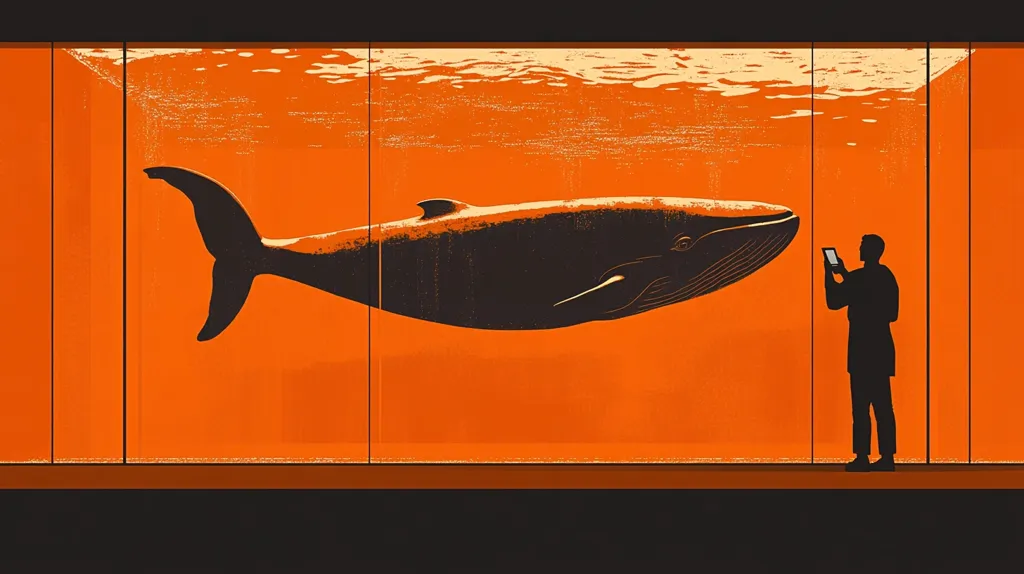 A stylized illustration depicts a massive whale in a large orange aquarium. A person stands to the right, silhouetted against the vibrant background, holding a tablet or phone, seemingly documenting or observing the whale.  The scene's stark contrast and simple lines create a powerful visual statement about scale, observation, or the confinement of nature.