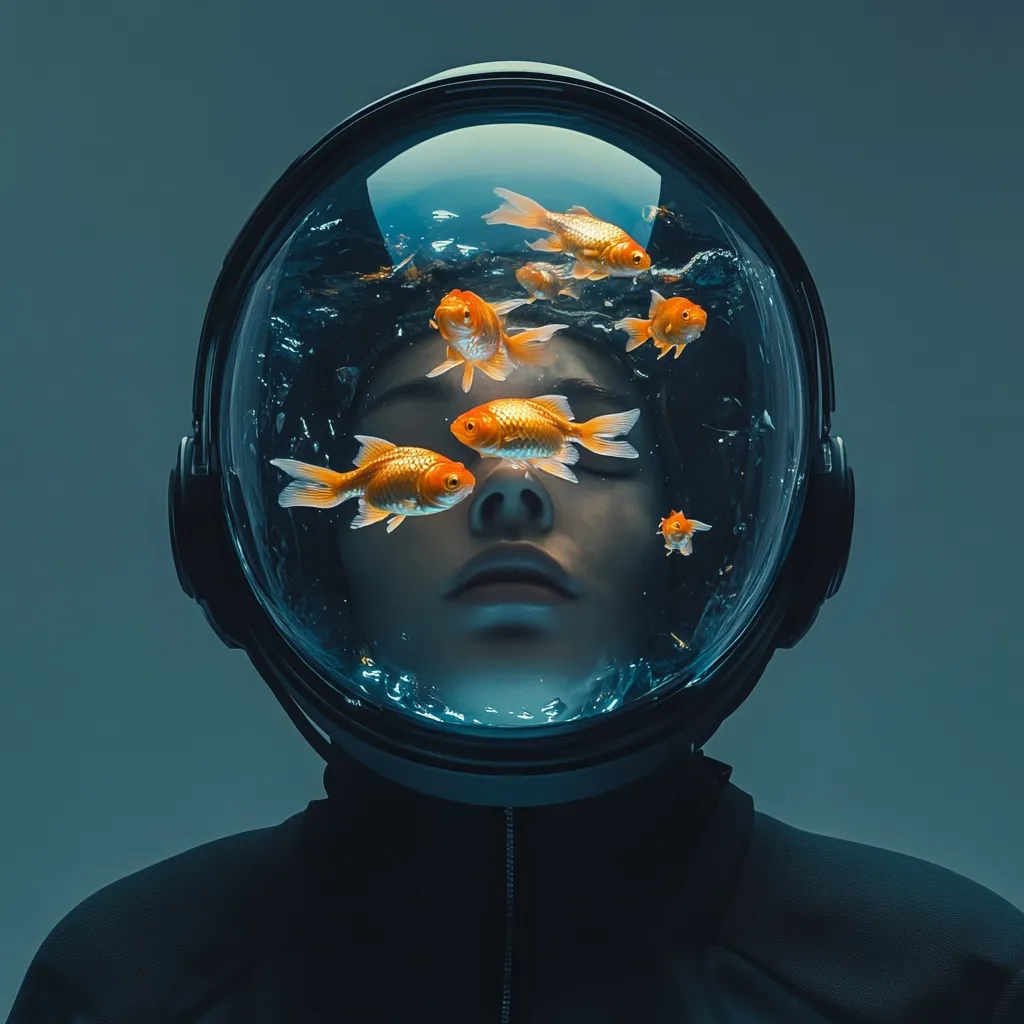 A surreal image depicts a person's face enclosed within a transparent helmet filled with water and several goldfish.  The individual's eyes are closed, conveying a serene or perhaps trapped expression.  The dark background and subdued lighting enhance the mysterious and dreamlike atmosphere of the composition. The juxtaposition of the human face and the aquatic environment creates a striking visual contrast.