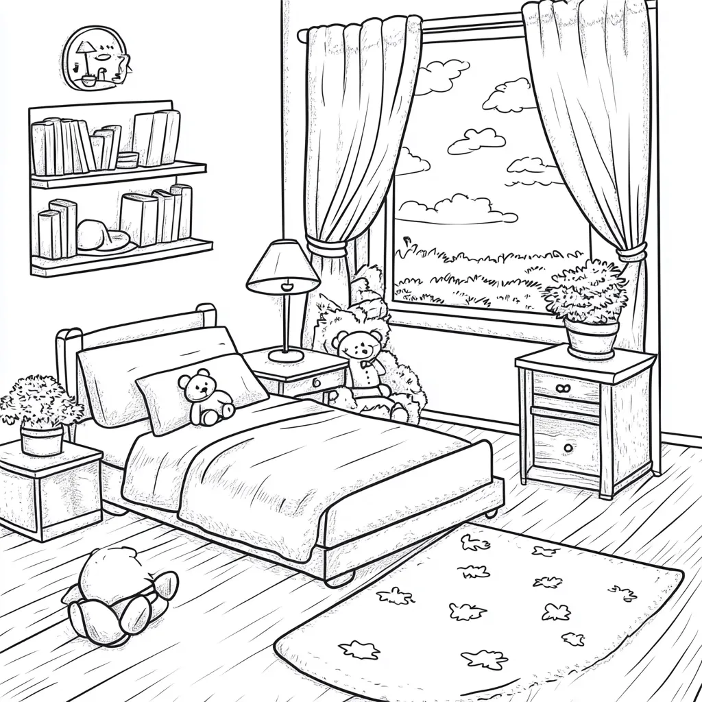A charming children's bedroom is depicted in a black and white drawing.  A bed with teddy bears sits center, near a window with curtains showing a sunny landscape.  Nightstands with potted plants flank the bed. Bookshelves hold various books and a clock adorns the wall.  A small rug lies on the floor.  The overall style is simple and inviting, suggesting a cozy and playful space.