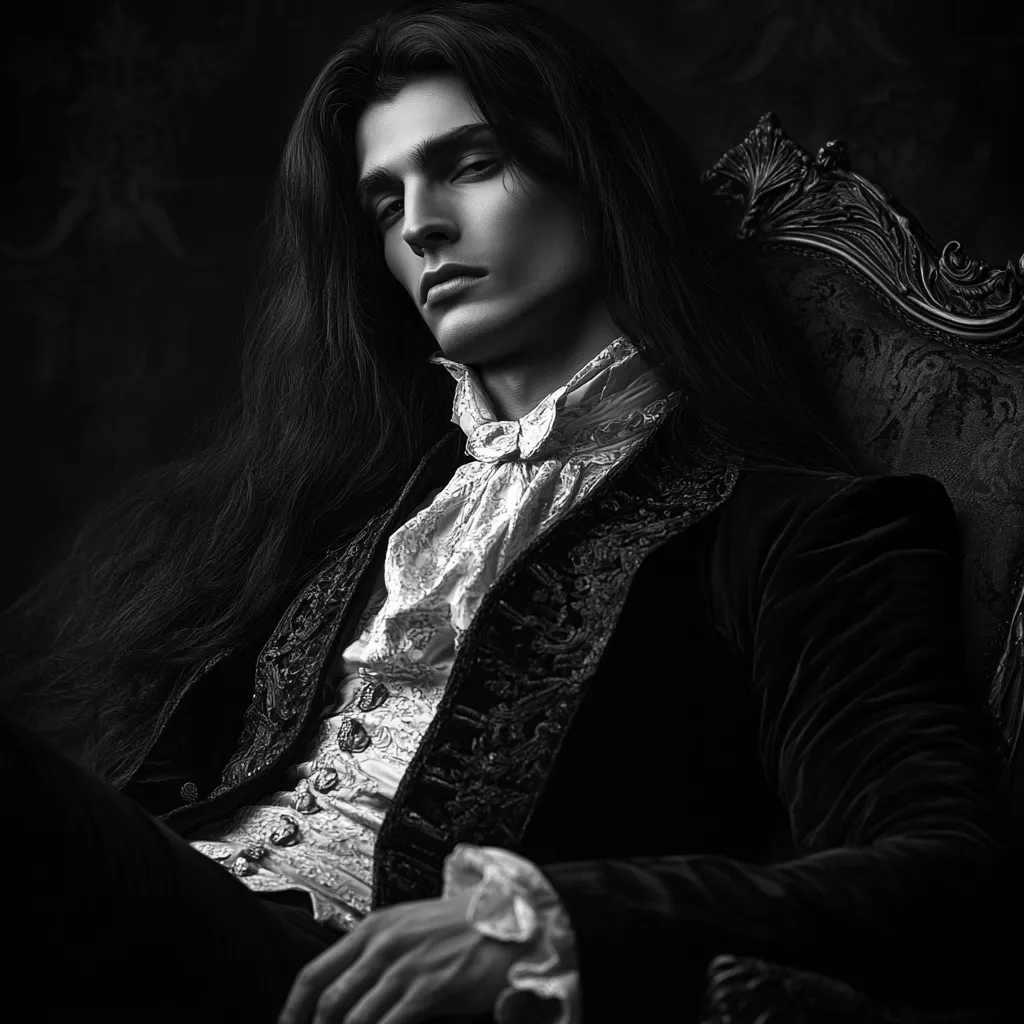 A monochromatic portrait captures a young man with long, dark hair, seated in an ornate chair. He's dressed in an elegant, dark velvet coat over a lacy, cream-colored waistcoat, evoking a gothic or romantic style. His expression is serious and intense, his gaze directed slightly away from the camera. The dark background and dramatic lighting enhance the overall mood of the image.