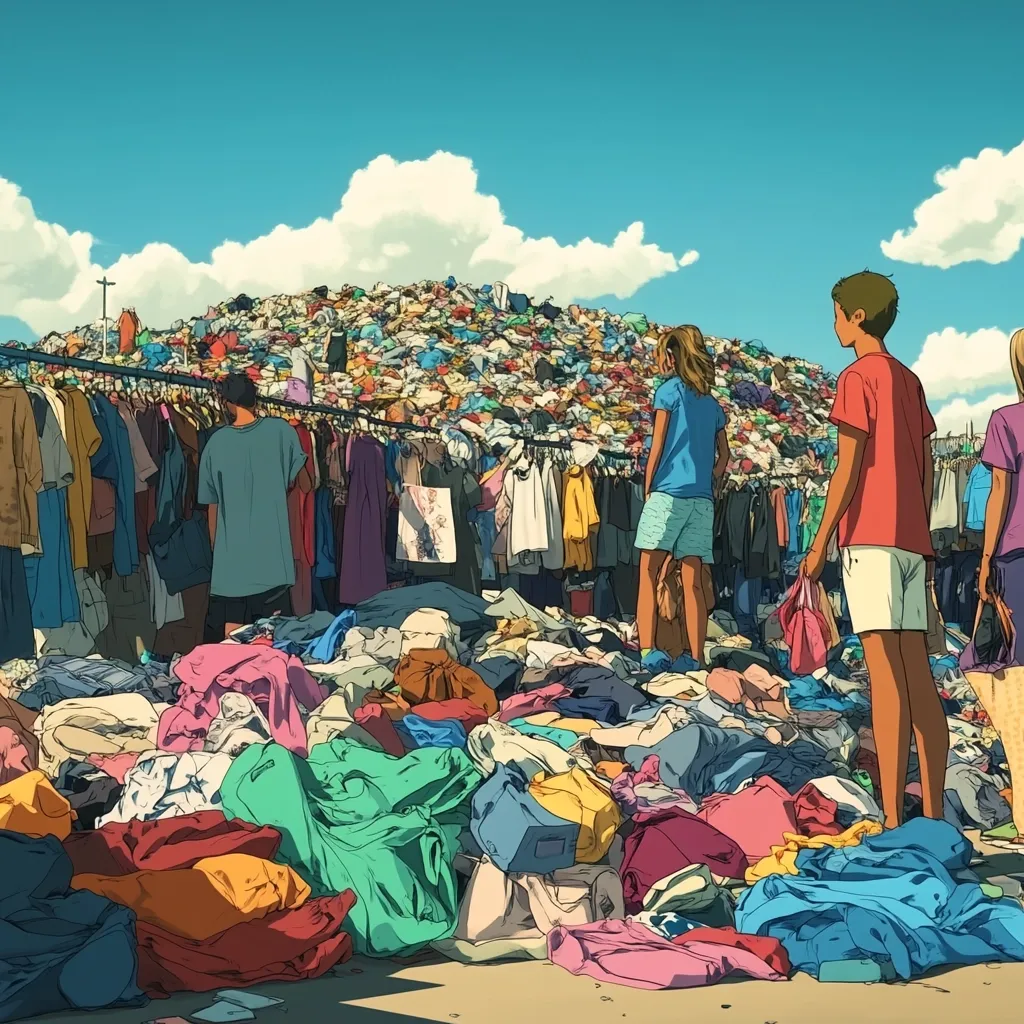 A vibrant illustration depicts a bustling clothing market set against a colossal mound of discarded garments.  People browse racks of secondhand clothes, while a large pile of used clothing dominates the foreground.  The scene contrasts the abundance of readily available clothing with the overwhelming scale of textile waste.  The bright colors and cartoonish style create a striking juxtaposition between consumption and disposal.