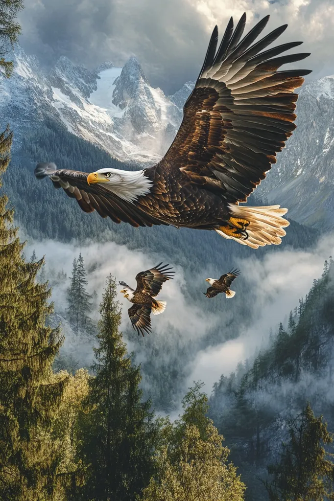 A majestic bald eagle soars through a misty mountain valley, its wings outstretched against a backdrop of snow-capped peaks. Two smaller eagles follow below, creating a breathtaking display of avian power and grace.  The scene is painted with vibrant colors and dramatic lighting, capturing the raw beauty of nature.  The dense evergreen forest fills the valley below, adding depth and contrast to the image.