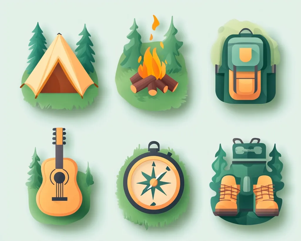 A colorful illustration showcases essential camping items: a tent, campfire, backpack, guitar, compass, and hiking boots.  Each item is depicted in a cartoon style, set against a light green background with stylized greenery. The images are individually framed, creating a visually appealing collection perfect for a camping-themed design.
