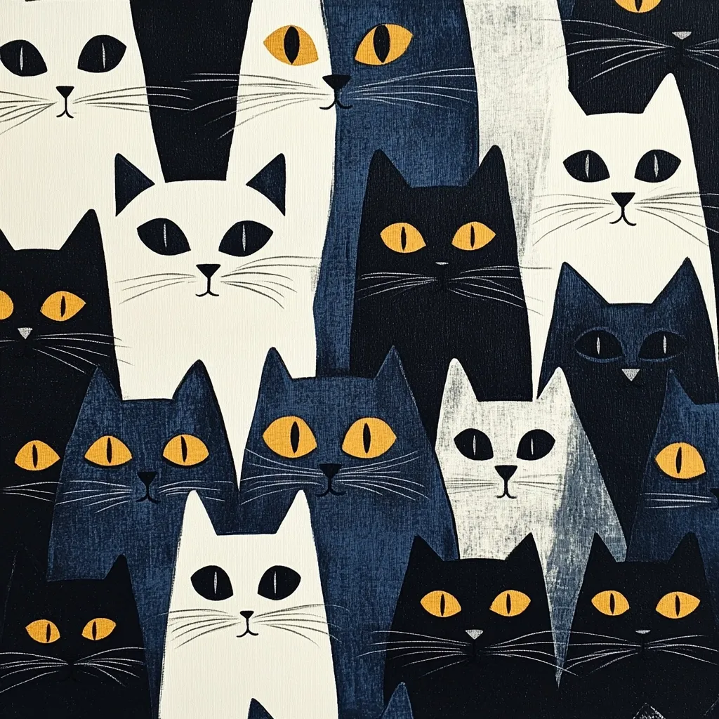 A stylized illustration features a multitude of cats, primarily in black and white, with some shades of blue.  The cats are densely packed together, their faces overlapping, creating a repeating pattern.  Their eyes are large and expressive, with distinct orange pupils. The overall style is simple yet striking, resembling a block-print design.