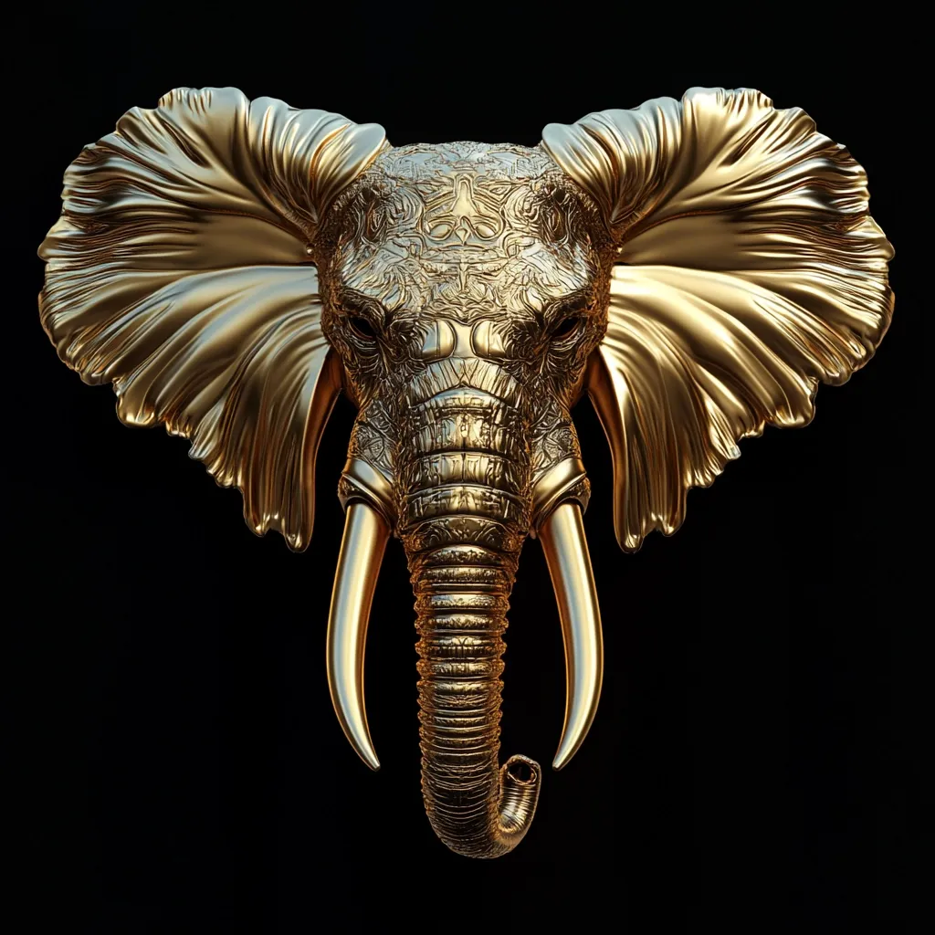 A majestic gold elephant head, intricately detailed with ornate carvings, is presented against a stark black backdrop.  The elephant's ears are large and flowing, its tusks long and prominent. The metallic sheen of the gold is lustrous, highlighting the three-dimensional texture of the sculpture. The image evokes power, elegance, and a sense of luxury.