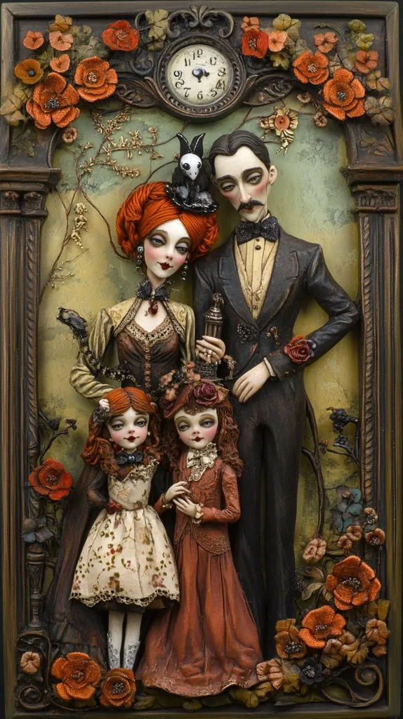 A meticulously crafted relief sculpture depicts a Victorian-era family portrait.  The parents, elegantly dressed in period attire, flank two young daughters in matching, intricately detailed dresses.  A clock and floral embellishments frame the scene, adding to the antique aesthetic. The dark, rich tones and textured surfaces create a dramatic, almost gothic, feel.  The overall effect is one of exquisite artistry and captivating detail.