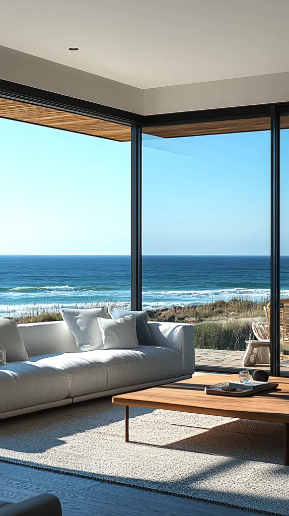 A modern living room boasts expansive floor-to-ceiling windows offering breathtaking ocean views.  A plush white sofa sits invitingly, centered on a light-colored rug, facing a low, sleek wooden coffee table.  Sunlight streams through the glass, illuminating the room's minimalist design.  The tranquil seascape outside provides a stunning backdrop to the serene interior.