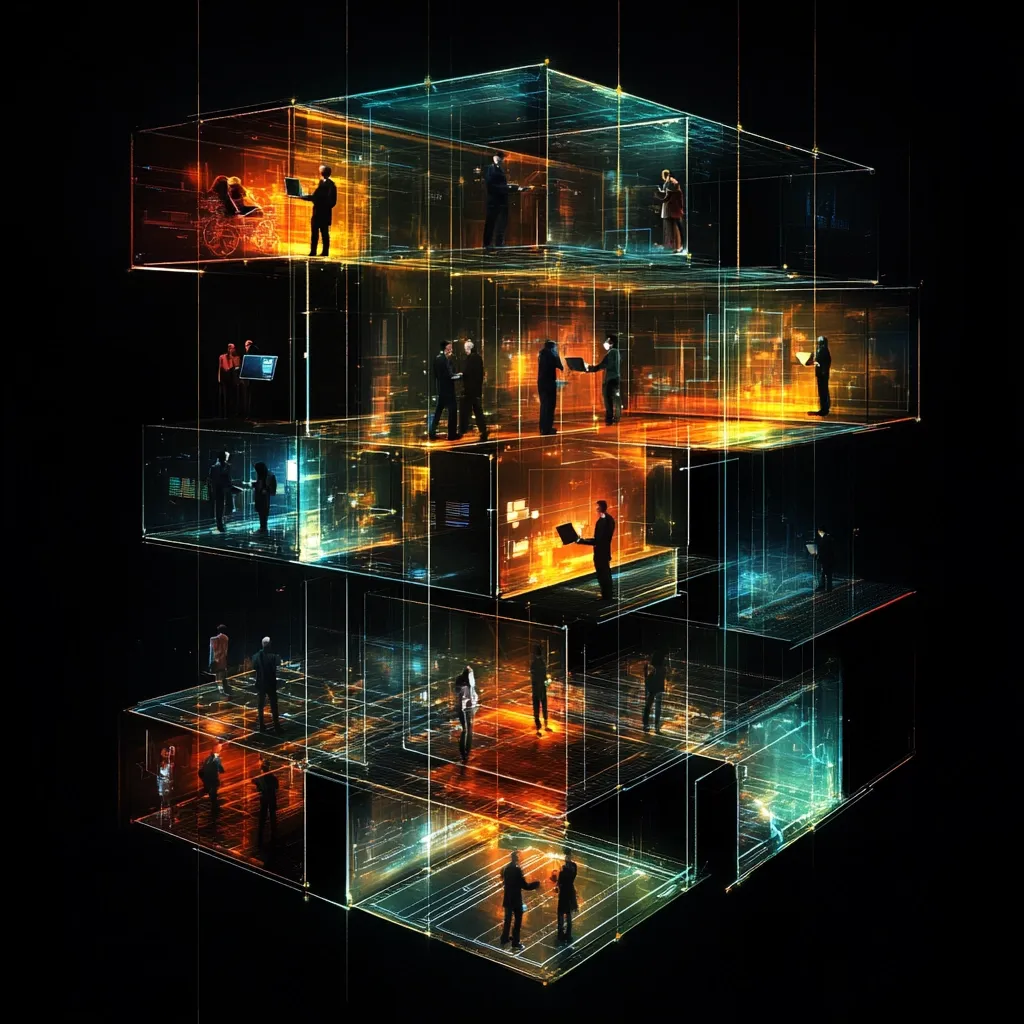 A digital rendering depicts a complex, multi-layered cube structure.  Within its translucent, glowing framework, numerous figures, seemingly business professionals, work on laptops and engage in discussions.  The scene evokes a futuristic, interconnected workspace, highlighting themes of global collaboration and technological integration.  Warm and cool colors blend, creating a dynamic and visually striking representation of modern digital work environments.