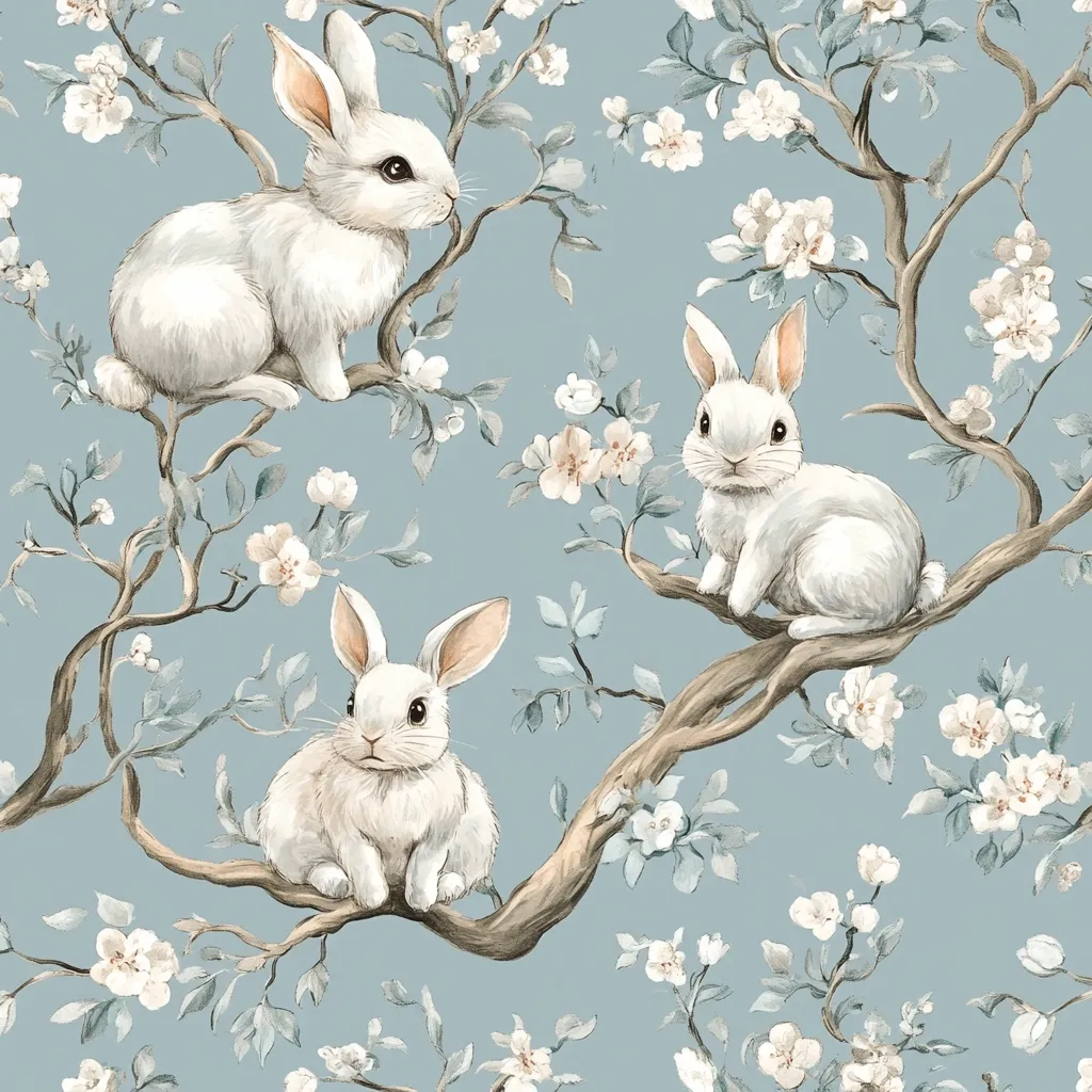 A seamless pattern featuring adorable white rabbits nestled amongst blossoming branches on a soft blue background.  Delicate watercolor-style illustrations depict fluffy bunnies perched on the tree branches, surrounded by clusters of light-colored flowers. The overall aesthetic is charming and whimsical, perfect for fabric, wallpaper, or other decorative purposes.