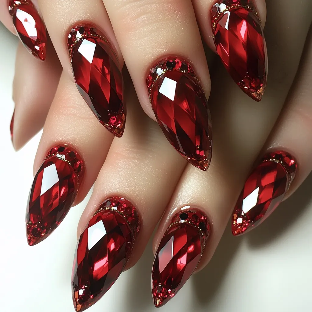 Close-up view of meticulously manicured nails featuring a striking ruby-red design. Each nail is adorned with a pointed, faceted gem-like application, mimicking the look of a polished ruby.  Small gold and red glitter accents encircle the base of each "gem," enhancing the luxurious effect. The overall style is glamorous and sophisticated.