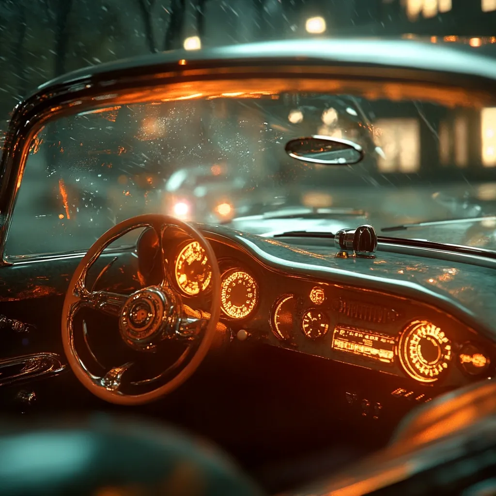 The interior of a classic convertible car is showcased, illuminated by warm, orange dashboard lights. Rain streaks the windshield, blurring the city lights visible beyond. The steering wheel and instrument panel are gleaming, reflecting the ambient light.  The overall mood is nostalgic and evocative of a rainy night drive in a vintage vehicle.