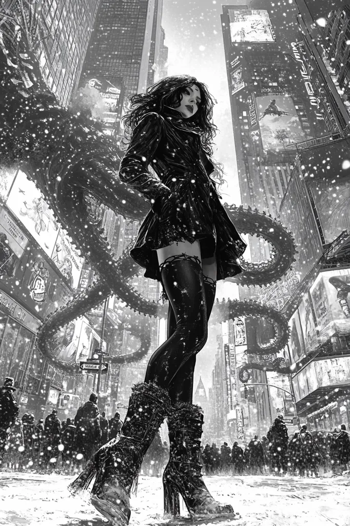 A stylish woman in a black coat and thigh-high boots strides through a snow-covered Times Square.  A monstrous, tentacled creature writhes behind her, partially obscured by the falling snow and towering skyscrapers. The monochromatic image creates a dramatic, almost surreal atmosphere, blending urban grit with fantastical elements. The woman's confident pose contrasts sharply with the looming presence of the creature.