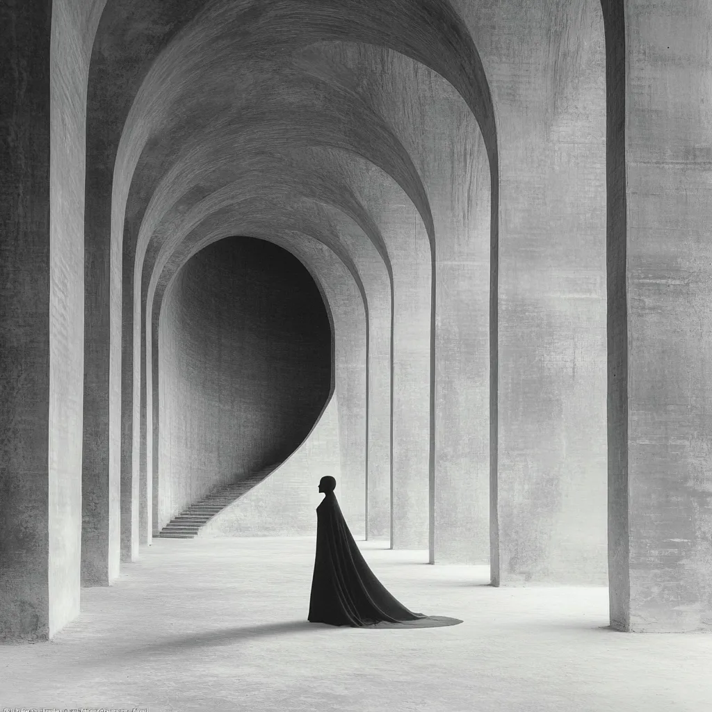 A solitary figure, cloaked in black, stands in a vast, monochrome architectural space.  The scene is dominated by a series of curving concrete arches creating a long, perspective-filled hallway.  The figure's silhouette contrasts sharply with the grey concrete, creating a dramatic and almost surreal atmosphere.  A staircase leads upward towards a dark circular opening at the far end of the hallway.