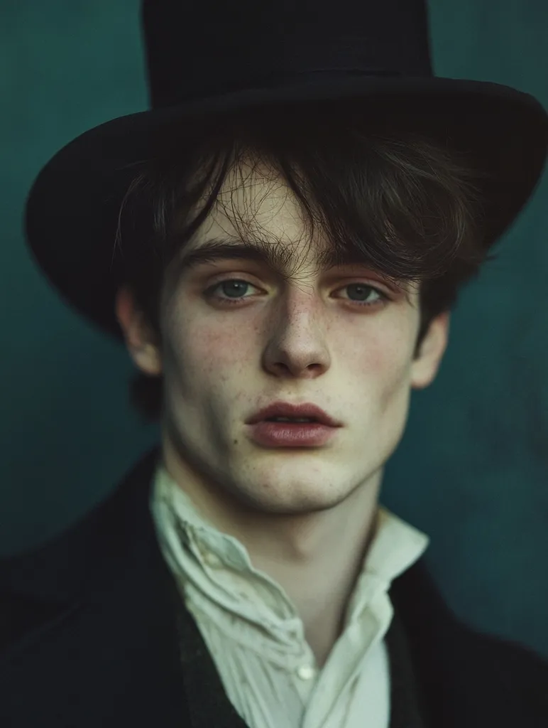 A young man with pale skin and dark hair wears a black top hat and a high-collared off-white shirt. His expression is serious, his eyes a light blue-gray.  The background is a muted teal green, contrasting with his pale complexion. The image has a moody, almost gothic aesthetic.  His freckles are subtly visible, adding to his ethereal appearance.