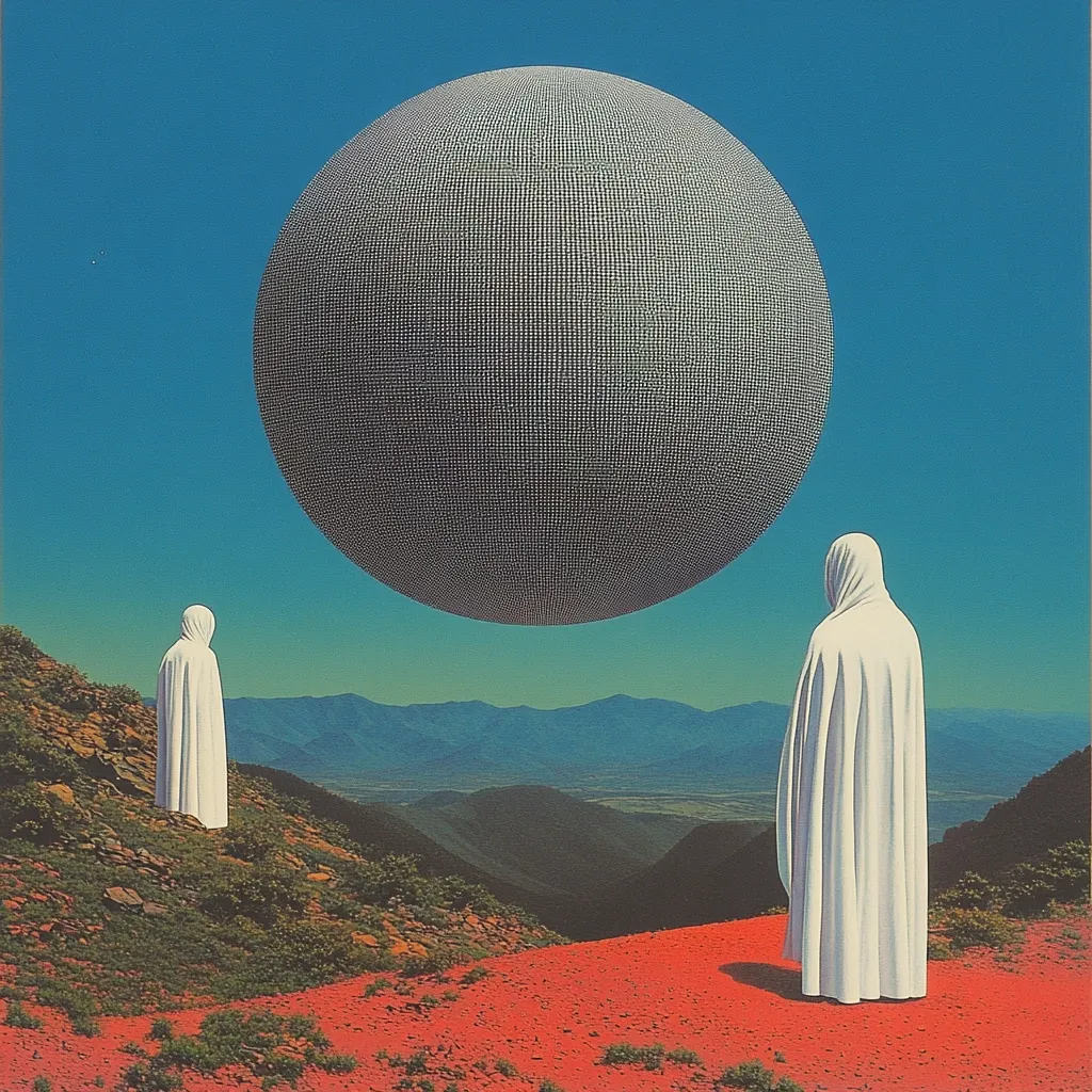 A surreal landscape features two cloaked figures on a red-hued hill overlooking a vast valley.  A large, textured sphere hovers above them against a vibrant blue sky. The scene evokes a sense of mystery and contemplation, suggesting a significant event or presence. The figures' simple white cloaks contrast sharply with the sphere's complex surface and the red earth.