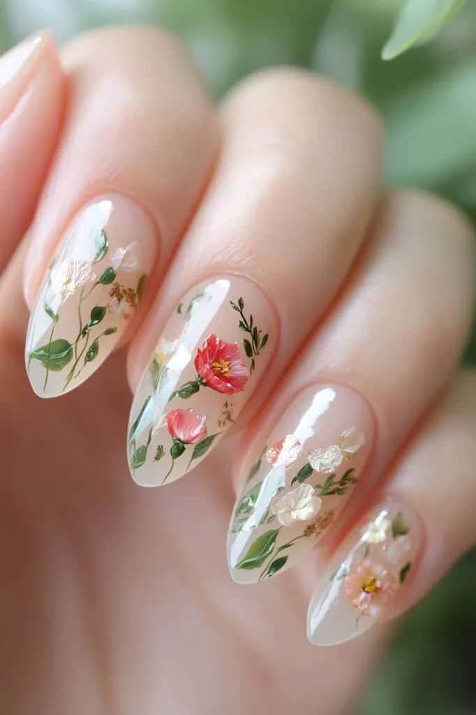 Close-up view of elegantly manicured nails.  Each nail is adorned with a delicate design featuring pressed flowers and gold leaf accents embedded within a sheer, light beige nail polish.  The flowers are primarily small, pink, and white, creating a subtle, romantic floral aesthetic. The almond-shaped nails showcase the intricate detail of the floral embellishments.