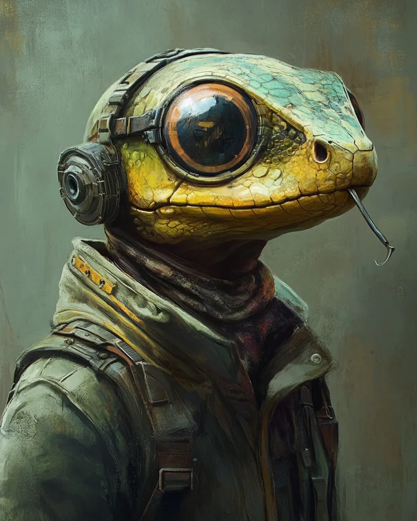 A digital painting depicts a humanoid frog-like creature wearing goggles and a worn, olive-green jacket.  The creature has large, expressive eyes and a textured, reptilian skin.  A small, metallic device is attached to its head, resembling headphones or a communication device.  The overall style is dark and gritty, suggesting a post-apocalyptic or sci-fi setting.  The artwork is richly detailed, showcasing the texture of the clothing and the creature's skin.