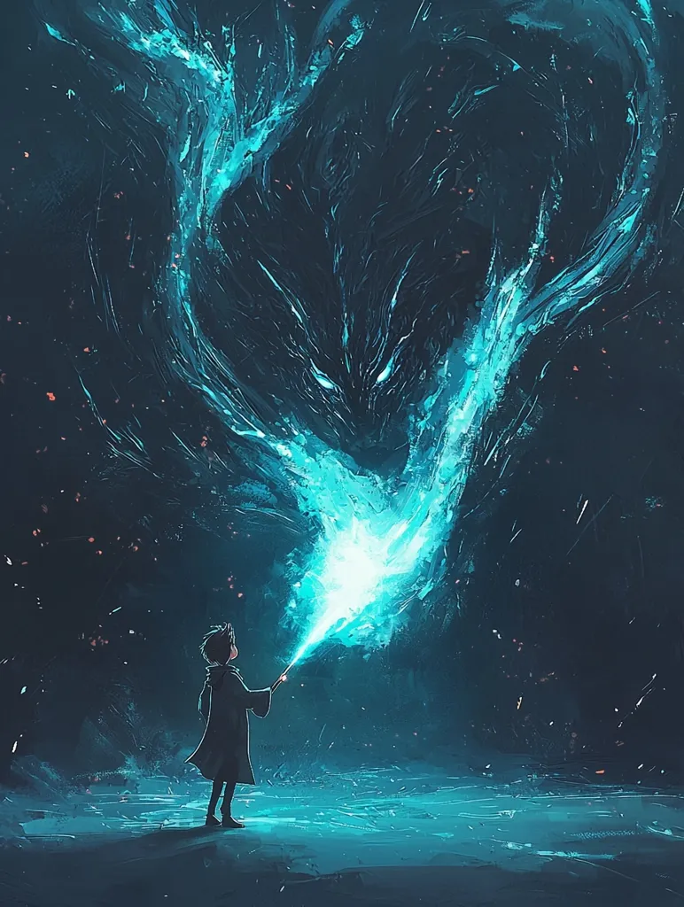 A young wizard, cloaked in dark robes, stands before a swirling, ethereal creature of teal energy.  The magical being, vaguely wolf-like in form, responds to the wand held aloft by the child.  Stars and sparks pepper the night sky, enhancing the otherworldly atmosphere. The scene is painted with a dramatic, expressive style, emphasizing the power and mystery of the moment.