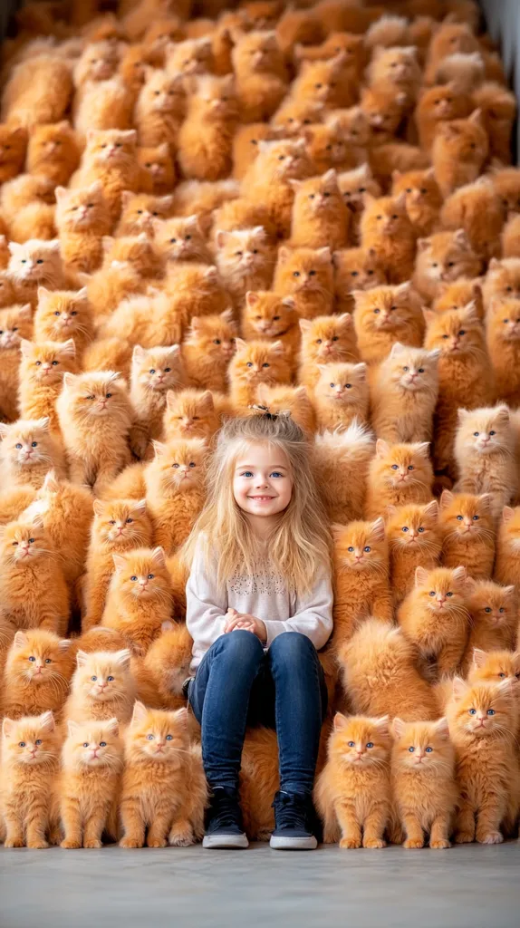 A young girl with long blonde hair sits calmly amidst a sea of adorable ginger kittens.  She's surrounded on all sides by dozens of fluffy, orange felines, their soft fur creating a warm and overwhelmingly cute backdrop. The girl smiles gently, seemingly unfazed by the multitude of playful cats. The scene is heartwarming and visually striking, a testament to the joy of animals and childhood.