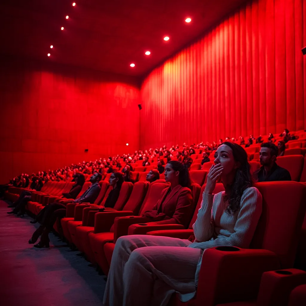 A movie theater bathed in red light is filled with an audience engrossed in a film.  Rows of red seats stretch into the distance, creating a dramatic atmosphere.  A woman in the foreground sits captivated, her hand covering her mouth in surprise or awe. The overall scene suggests a powerful and immersive cinematic experience.