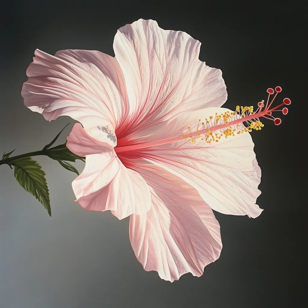 A delicate pink hibiscus flower is the focus of this image. Its petals are soft and translucent, with visible veins adding texture.  The vibrant yellow stamen contrasts beautifully with the pale pink of the bloom.  The flower is elegantly presented against a dark gray background, highlighting its delicate beauty and intricate details.  The lighting creates subtle shadows, enhancing the three-dimensionality of the blossom.