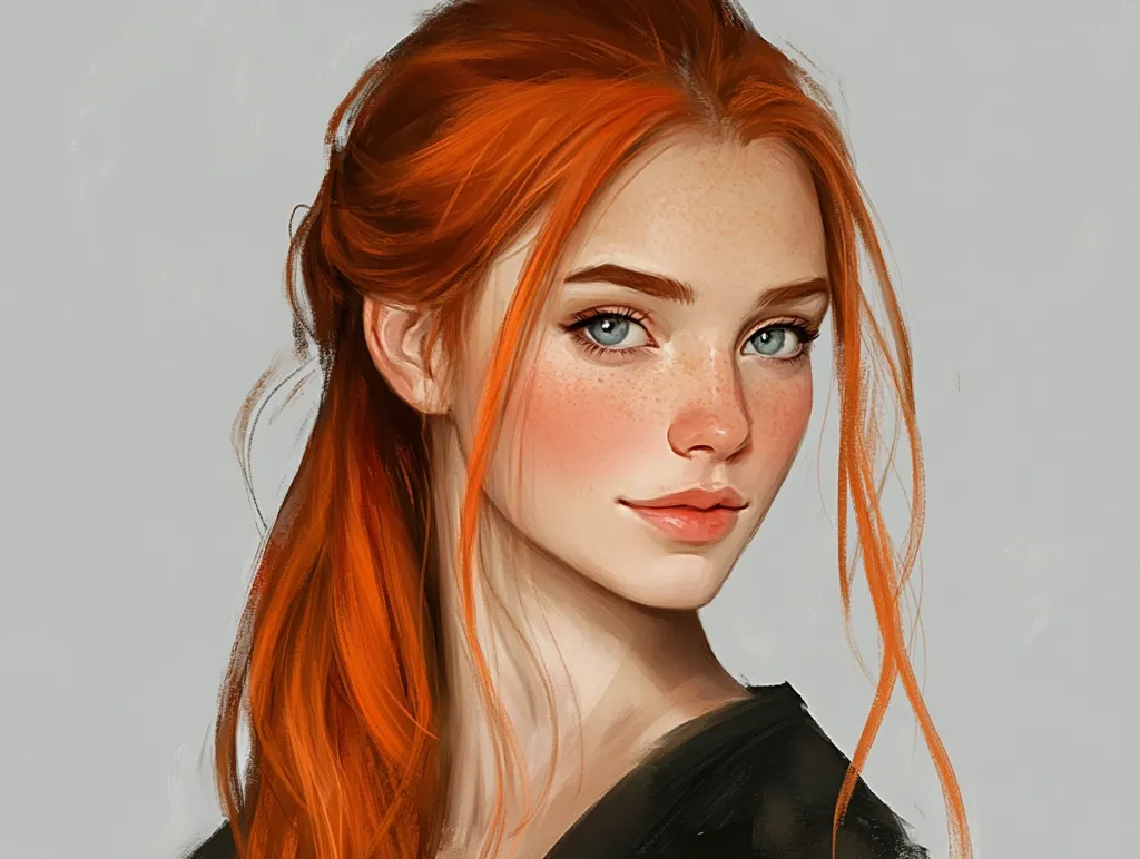 A digital painting depicts a young woman with vibrant, long ginger hair styled in a loose ponytail.  Her fair skin is adorned with freckles, and she possesses striking light blue eyes.  She's wearing a dark-colored garment, and her expression is soft and subtly alluring, her gaze directed slightly away from the viewer. The style is painterly, with visible brushstrokes contributing to a realistic yet dreamy aesthetic.